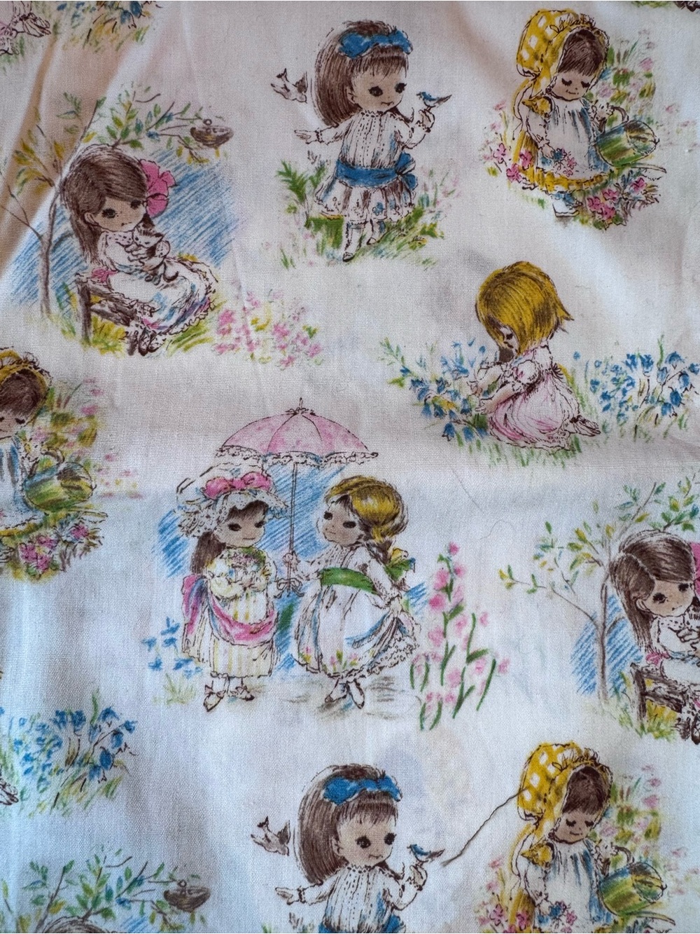 VINTAGE 1960'S Storybook Little Girls 44" x 35" Cottagecore Nursery Fabric